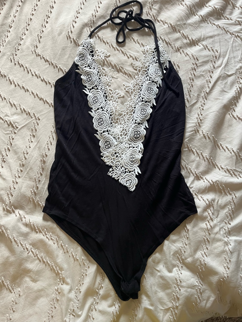 A3 Design Black One-Piece Bodysuit with White Lace V-Neck